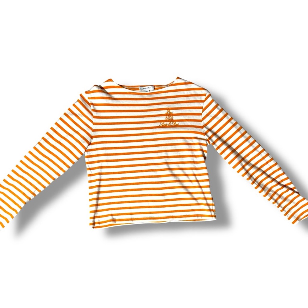 Sporty & Rich Orange and White Striped Long Sleeve Lightweight Knit Sweater Top - Picture 9 of 15
